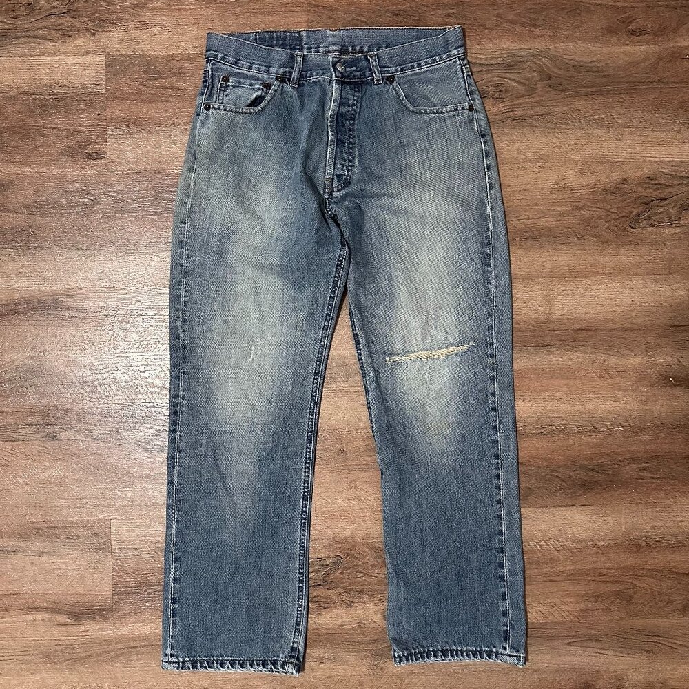 Levi's Jeans Mens 30x29 Blue 501 Medium Wash Ripped Knee Cotton Denim Pants